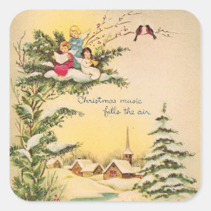 Vintage Christmas Angels In Tree Square Sticker