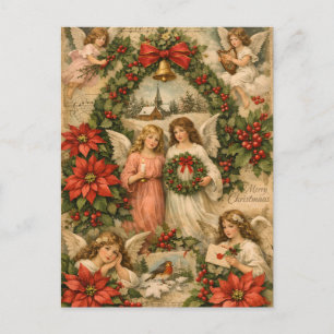 Vintage Christmas Angels, Poinsettia, Berries Postcard