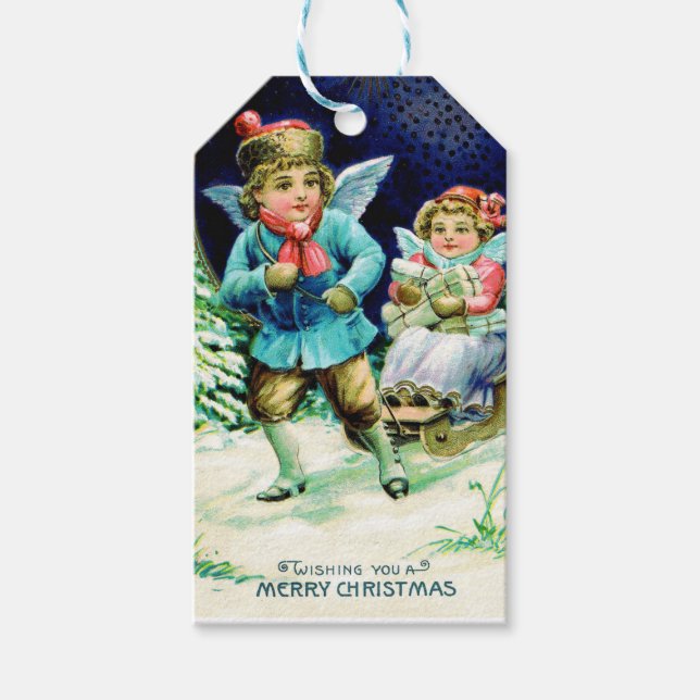 Vintage Christmas Angels Sledding Gift Tags (Front)