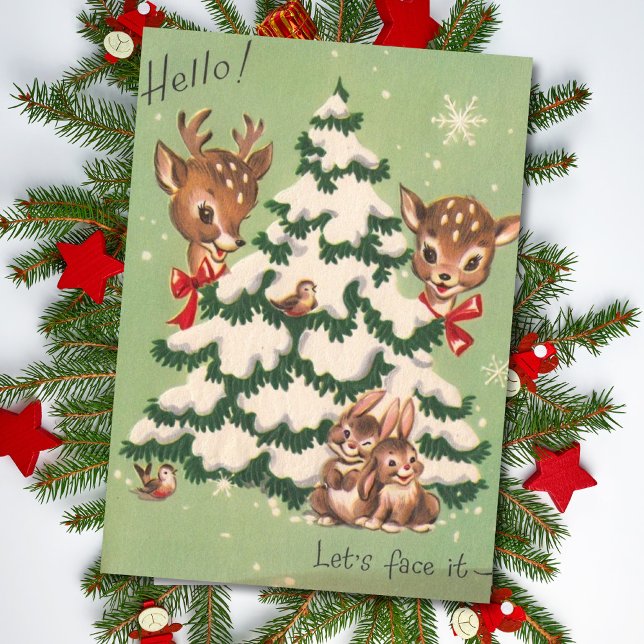 Vintage Christmas Animals Around Tree Holiday Card (Creator Uploaded)