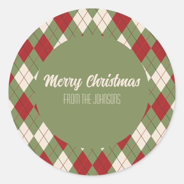 Vintage Christmas Argyle Classic Round Sticker (Front)
