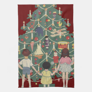Vintage Christmas Around a Decorated Tree Tea Towel
