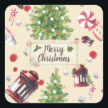 Vintage Christmas Art Pattern Square Sticker<br><div class="desc">Vintage Christmas elements in watercolor and pencil art featuring an old Christmas lantern, Christmas tree, Christmas candy and sweets. Lovely and cosy Christmas atmosphere in vintage colours with a customisable Christmas badge with holly berries in the middle. Personalise by changing the text or press customise to add your own touch....</div>