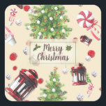Vintage Christmas Art Pattern Square Sticker<br><div class="desc">Vintage Christmas elements in watercolor and pencil art featuring an old Christmas lantern, Christmas tree, Christmas candy and sweets. Lovely and cosy Christmas atmosphere in vintage colours with a customisable Christmas badge with holly berries in the middle. Personalise by changing the text or press customise to add your own touch....</div>