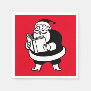 Vintage Christmas B&W Reading Santa on Red Napkin