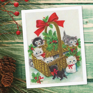 Vintage Christmas Basket Full Of Kittens Holiday Card