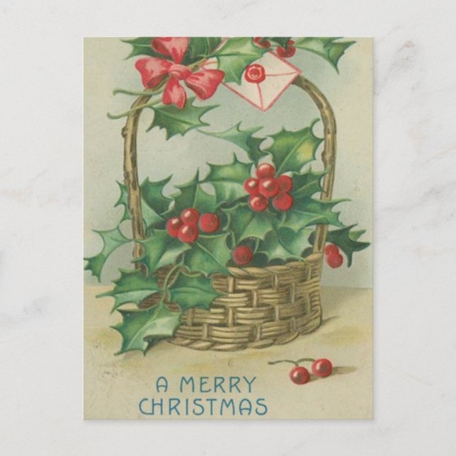 Vintage Christmas Basket with Holly Holiday Postcard (Front)