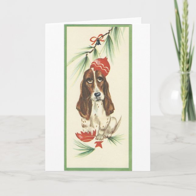 Vintage Christmas Basset Hound Card (Front)