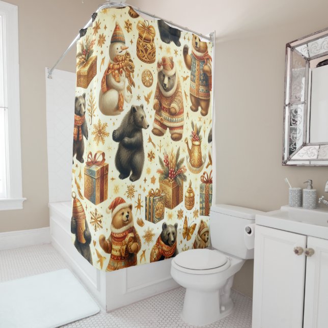 Vintage Christmas Bear Shower Curtain (In Situ)