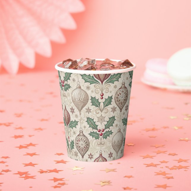 Vintage Christmas Beige Bauble Paper Cups (Insitu)