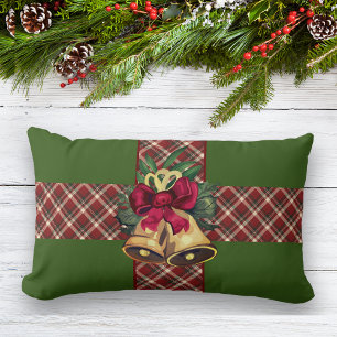 Vintage Christmas Bell Green Plaid Ribbon Lumbar Cushion