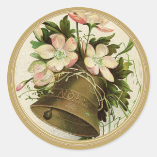 Vintage Christmas Bell (Pink Floral) Gold Classic Round Sticker