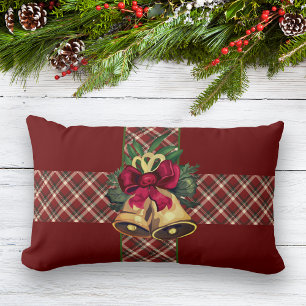 Vintage Christmas Bell Red Plaid Ribbon Lumbar Cushion