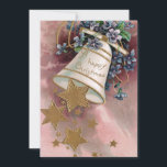 Vintage Christmas Bell, Stars & Forget-Me-Nots Holiday Card<br><div class="desc">Elegant white vintage bell with A Happy Christmas text with gold bands,  gold stars and blue forget-me-nots on a pink and maroon painterly background. Back features editable text fields.</div>