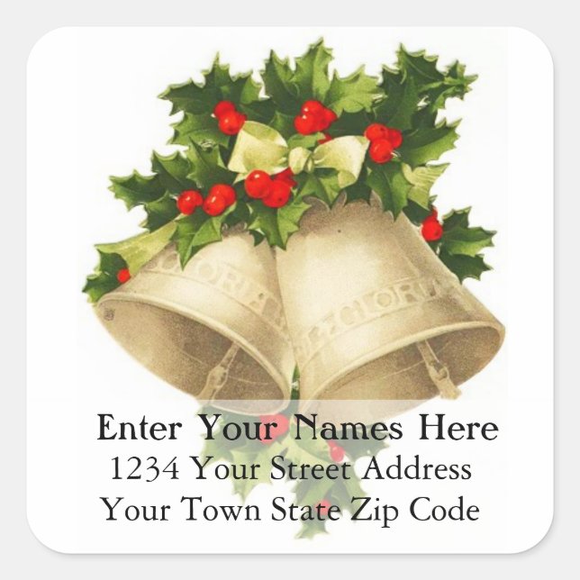 Vintage Christmas Bells and Holly Address Label (Front)