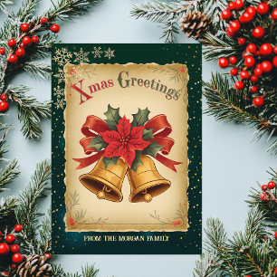 Vintage Christmas Bells Green Holiday Card