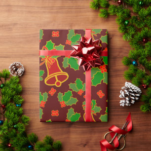 Vintage Christmas Bells Holly Leaf Gift Wrapping Paper