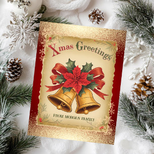 Vintage Christmas Bells Snowflakes Red Holiday 