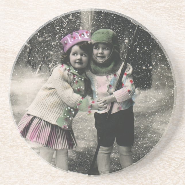 Vintage Christmas, Best Friends on Skis Coaster (Front)