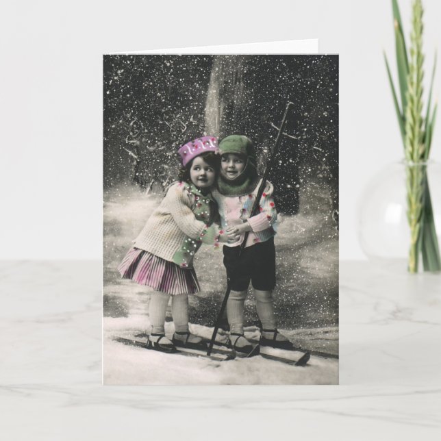Vintage Christmas, Best Friends on Skis Holiday Card (Front)