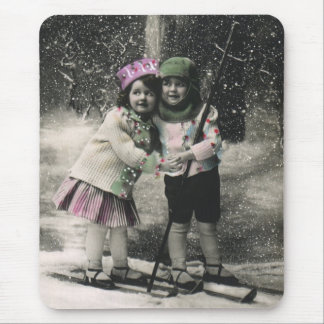 Vintage Christmas, Best Friends on Skis Mouse Pad