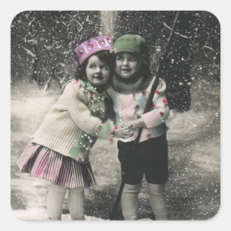 Vintage Christmas, Best Friends on Skis Square Sticker