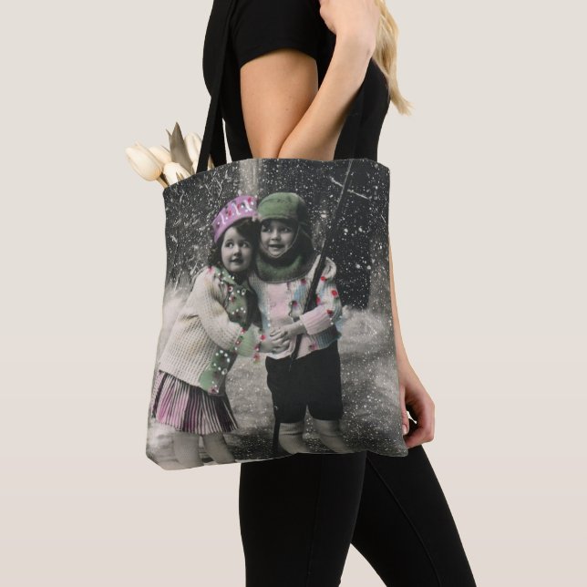 Vintage Christmas, Best Friends on Skis Tote Bag (Close Up)