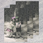 Vintage Christmas, Best Friends on Skis Wrapping Paper Sheet<br><div class="desc">Vintage Merry Christmas sepia photo of best friends,  a little boy and a little girl,  two children having fun skiing in the snow during winter. It is snowing in the forest.</div>