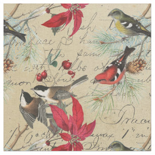 Vintage Christmas Bird and Poinsettia Holiday Fabric