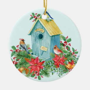 Vintage Christmas Birds and Berries Birdhouse Ceramic Tree Decoration