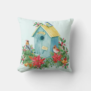 Vintage Christmas Birds and Berries Birdhouse Cushion