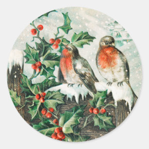 Vintage Christmas Birds and Holly Winter Snow Classic Round Sticker