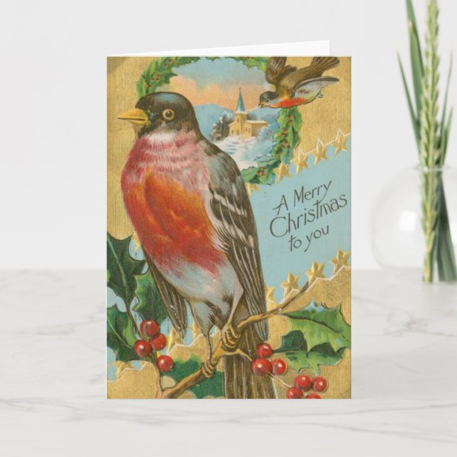 Vintage Christmas Birds Holiday Card (Front)