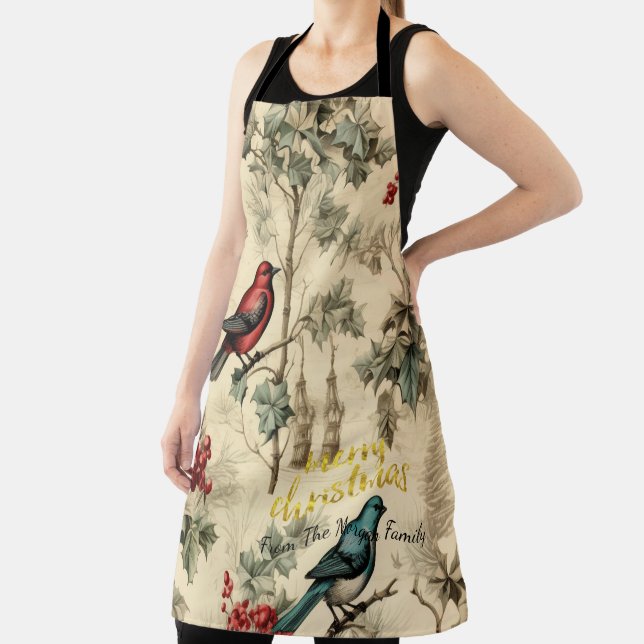 Vintage Christmas Birds Holly Berry Apron (Insitu)