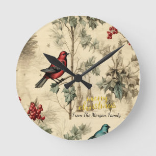 Vintage Christmas Birds Holly Berry Round Clock