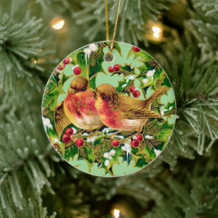 Vintage Christmas Birds Holly Faux Gold Ceramic Tree Decoration