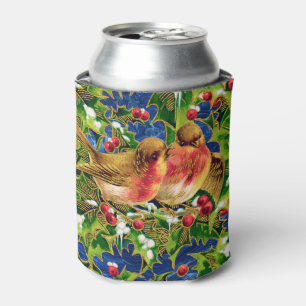 Vintage Christmas Birds Holly Faux Gold Pattern Can Cooler