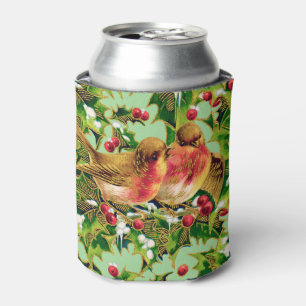 Vintage Christmas Birds Holly Faux Gold Pattern Can Cooler