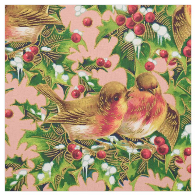 Vintage Christmas Birds Holly Faux Gold Pattern Fabric (Swatch)
