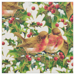 Vintage Christmas Birds Holly Faux Gold Pattern Fabric