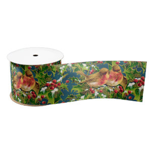 Vintage Christmas Birds Holly Faux Gold Pattern Satin Ribbon