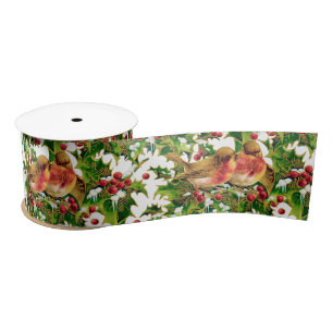 Vintage Christmas Birds Holly Faux Gold Pattern Satin Ribbon