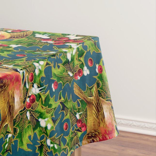 Vintage Christmas Birds Holly Faux Gold Pattern Tablecloth (In Situ)