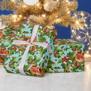 Vintage Christmas Birds Holly Faux Gold Pattern Wrapping Paper