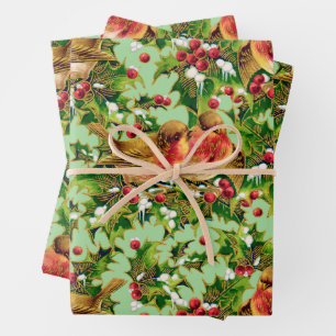 Vintage Christmas Birds Holly Faux Gold Pattern Wrapping Paper Sheet