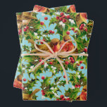 Vintage Christmas Birds Holly Faux Gold Pattern Wrapping Paper Sheet<br><div class="desc">This pattern depicts birds sitting on the branches of holly with snow and with an outline and decorative faux gold foil lines on a sky blue background. You can change the background colour by clicking the "Personalise" button and then on the inscription "Click to customise further".</div>