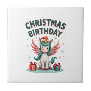 Vintage Christmas Birthday Girl Unicorn Cute Holid Tile