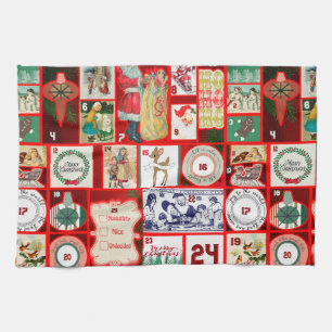 Vintage Christmas Block Advent Calendar Grid Art Tea Towel