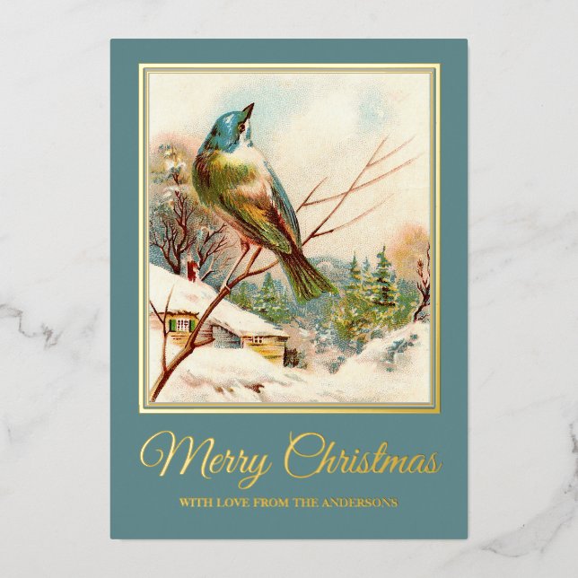 Vintage Christmas Blue Bird in Winter Snow (Front)