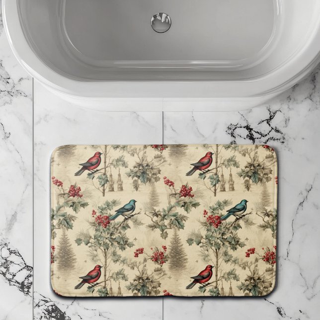 Vintage Christmas Blue Jay Red Mockingbird Bath Mat (Creator Uploaded)